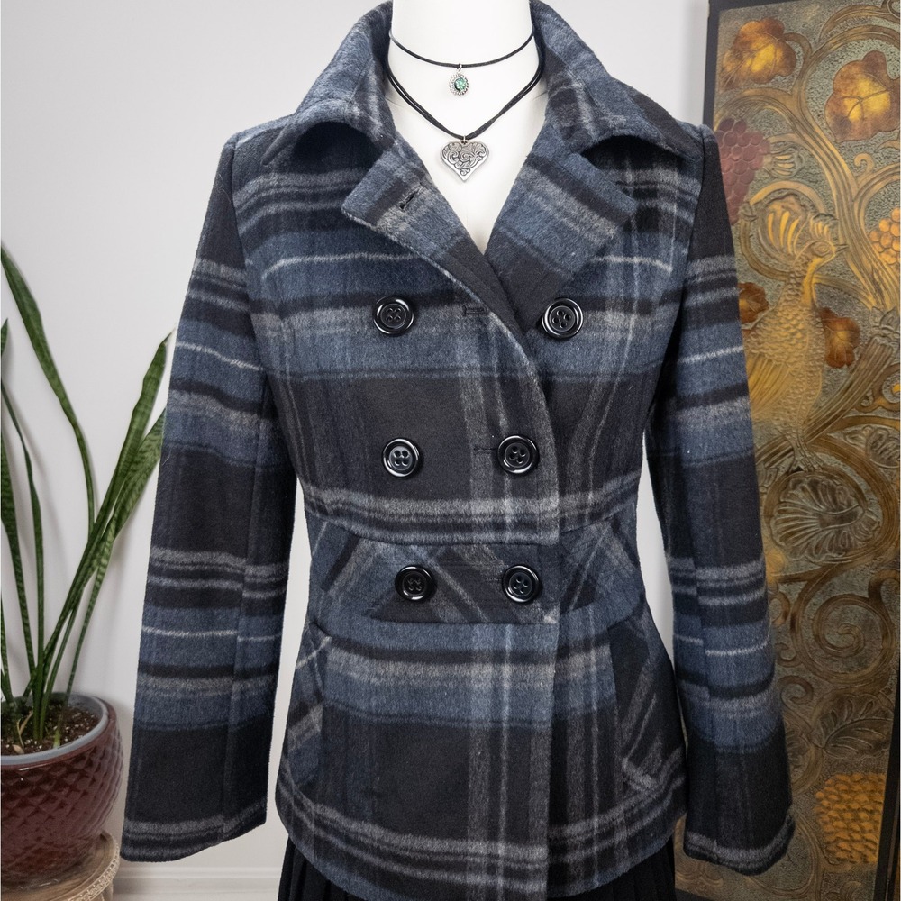 Y2K Plaid‎ Tailored Peacoat Grey Fitted Petite Outerwear Womens XS